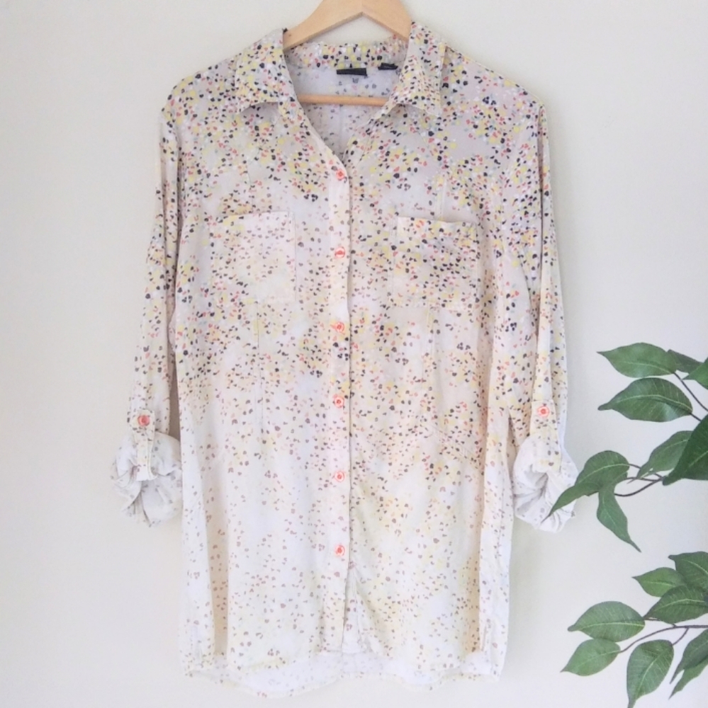 Reworked Upcycled Button Up Shirt Women's L Cream Heart Print Bleach Dip Dyed